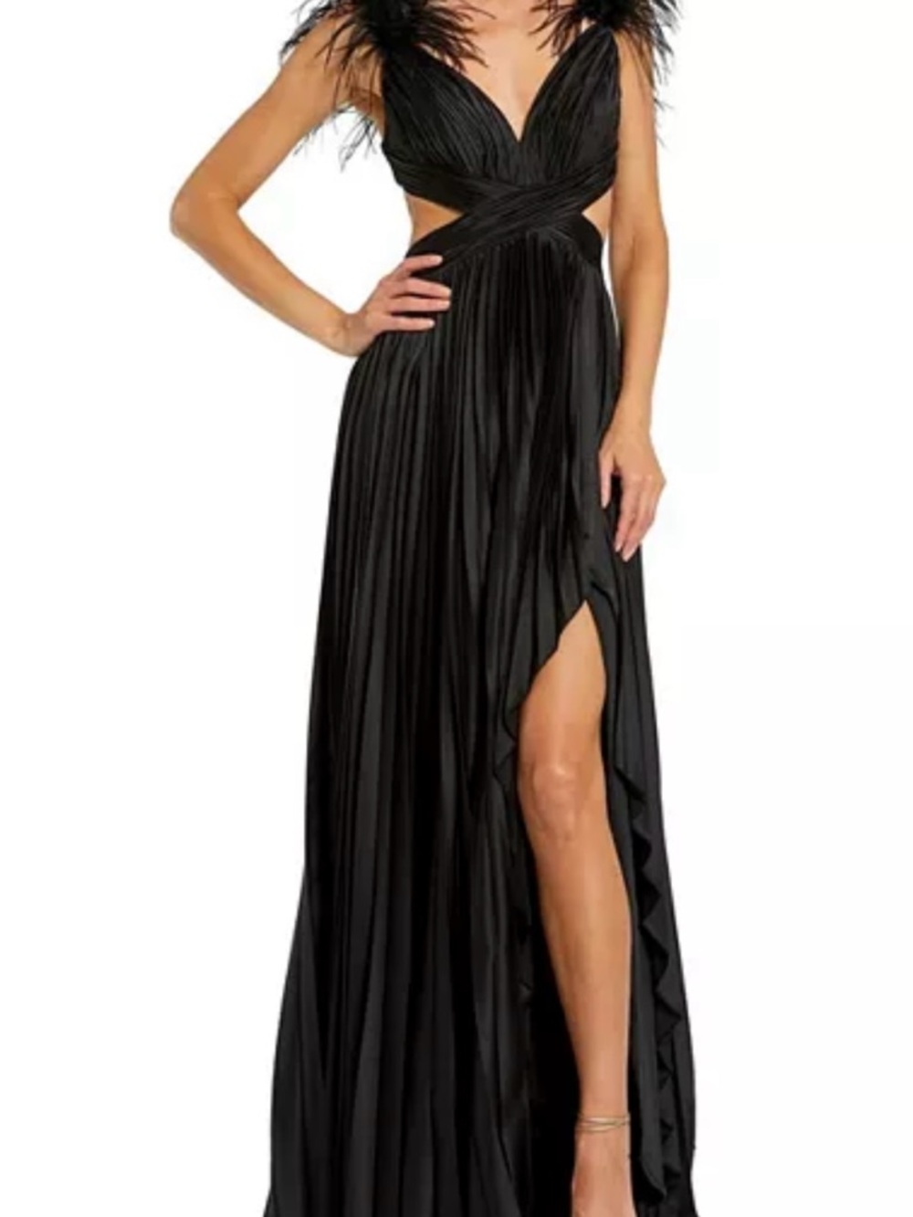 Mac Duggal Black Feather-Trim Pleated Maxi Gown